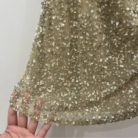Retrofete Nude Beige Champagne Sequin Beaded Mich Cowl Neck Mini Slip Dress M